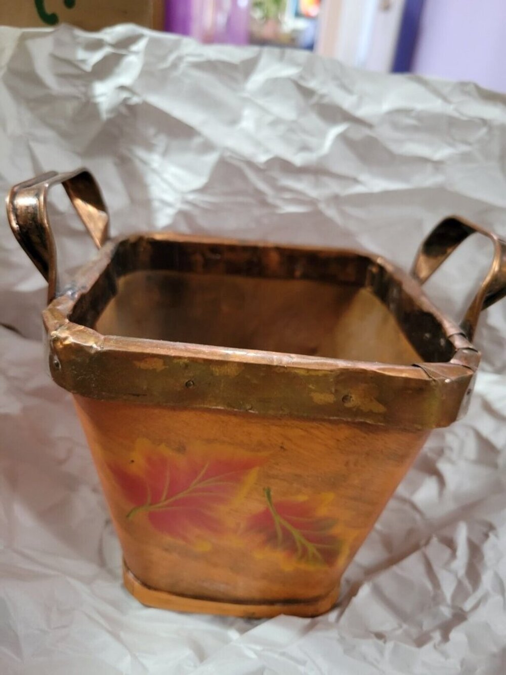 Square Basket Solid Birchwood Copper Edges Handles Painted Maple Leaves Vtg 5x5